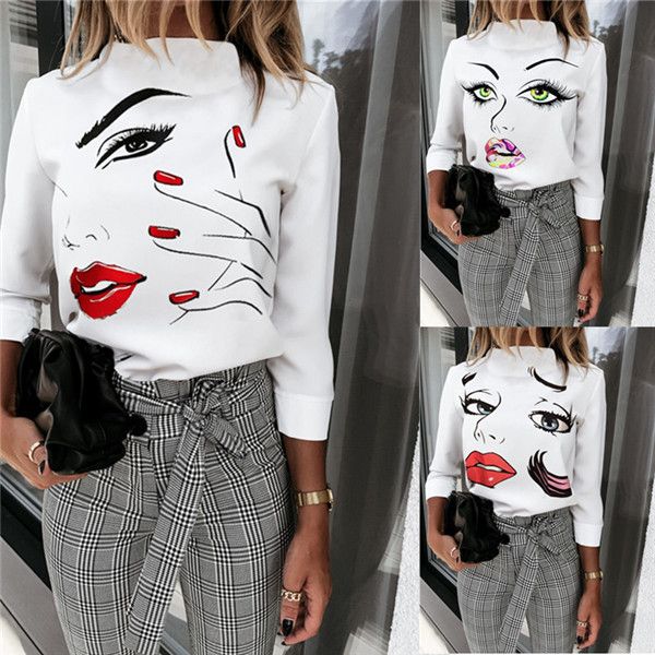 

ol стиль женщин блуза глаз губа pattern кнопка с длинным рукавом осенью моды лоскутных женщин пуловеры рубашки, White