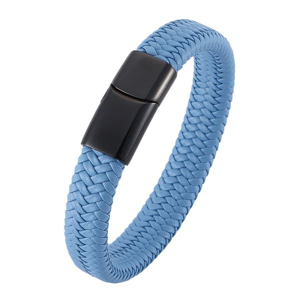 

punk blue leather rope bracelet mens wristband stainless steel magnetic clasp fashion bangle accessories men jewelry gift c0003, Golden;silver