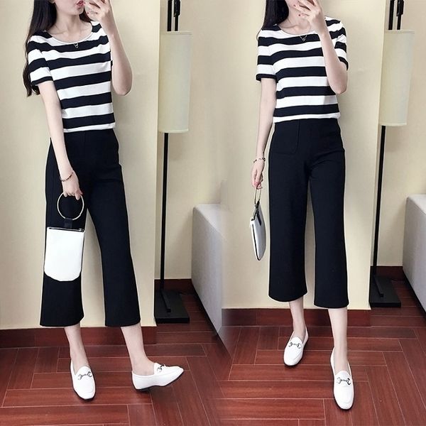 

2019 summer wide leg pants new high waist cropped wide leg pants striped short sleeve suit women's casual all-match two-piece set ssgzz, Gray