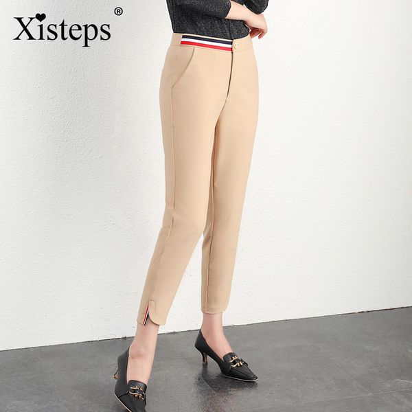 

fashion women casual pants new 2020 autumn mid waist woven trousers chic high stretch strip decoration ladies work trousers, Black;white