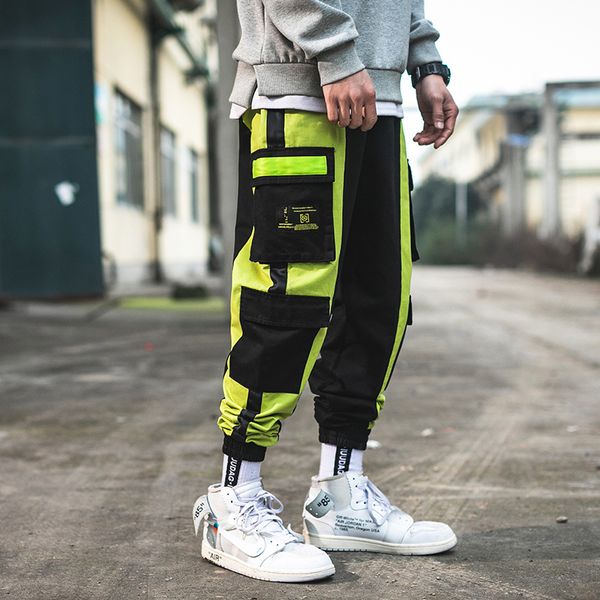 

men's pants spring tooling wind men fashion contrast color stitching casual loose hip hop trousers man streetwear trend overalls, Black