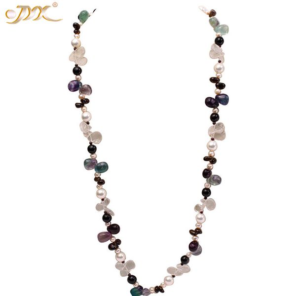 

jyx 8-9mm natual white freshwater pearl with natural fluorite and smoky quartz necklace jewelry gift for women, Silver