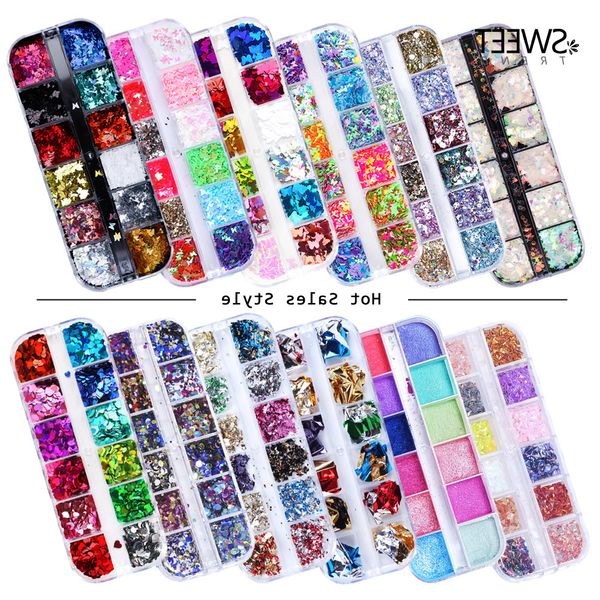 

3d nail art sequins stickers 12 grid flakes glitter heart shaped butterfly magic powder sparkly nail art decorations accessories decals kit, Silver;gold