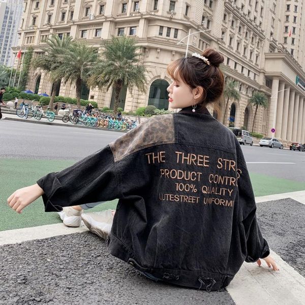 

plus size leopard letter embroidery hole denim jacket women s 2020 autumn vintage loose single-breasted bat sleeves jean jacket, Black;brown