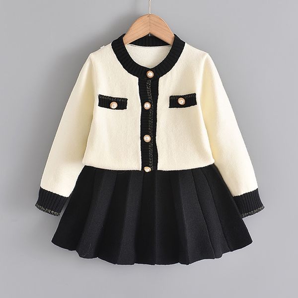 

girls clothes baby dress knitted sweater coat pleated short skirt set princess lady winter suit for kids clothing kg-153, White