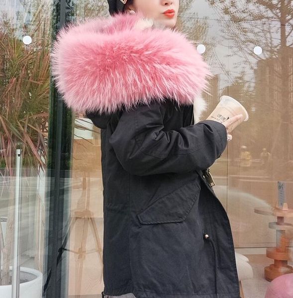 

pink fox fur trim maomaokong brand pink rose white dark stitching color fox fur lining mini black women parkas