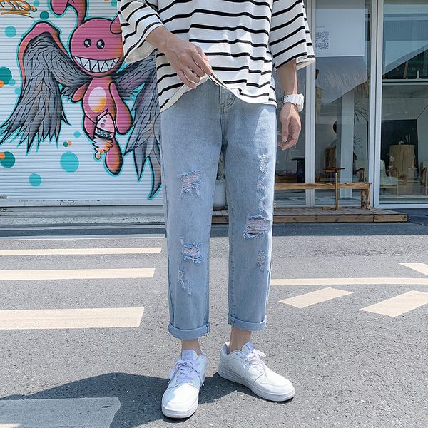

men's jeans men casual summer thin section ankle length pants fashion washed distressed straight-leg male denim trousers, Blue