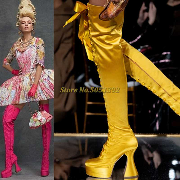 

new arrival candy color runway boots over the knee lace up strange style heel platform velvet boots fashion knight, Black