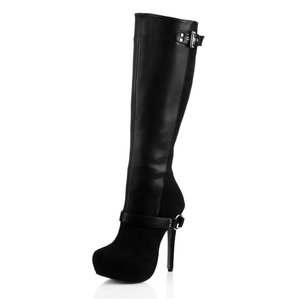 

women stiletto high heel knee-high boots round toe black buckles platform fashion evening party lady office long boots 3463bt-o