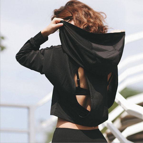 

women hoodie sweatshirt backless hollow out sweatshirt women workout cropped hoodies for women sportswear fitness sudadera mujer, Black