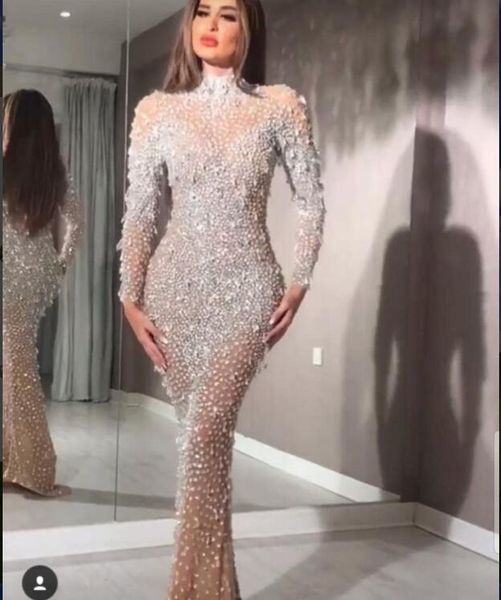 

evening dress yousef aljasmi high neck crystals mermaid long dress sheath kim kardashian, Black;pink
