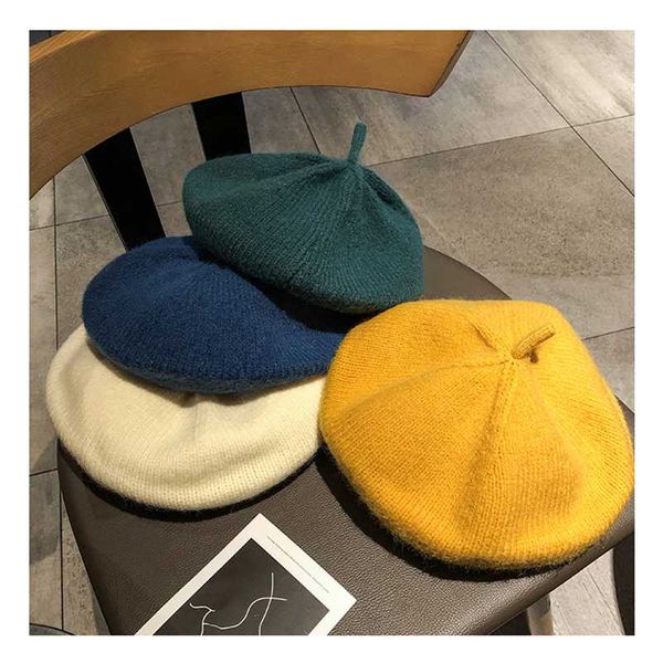 

rancyword] french style solid casual vintage women's hat beret plain cap girl's angora solid color warm winter berets, Blue;gray