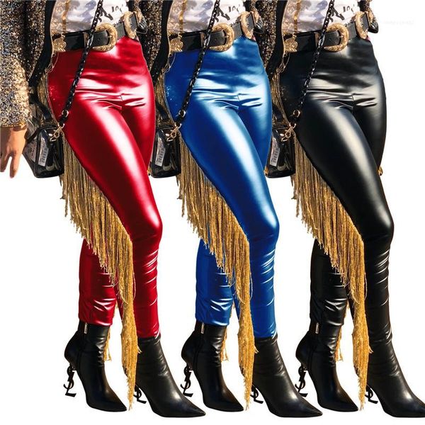 

pants with tassel panelled street style womens trousers womens designer pu pants fashion solid color skinny pencil, Blue