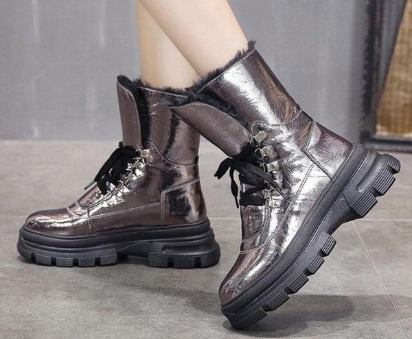 

women ankle boots lace-up sewing pu leather warm plush boot ladies shoes female platform warm footwear 2020 comfort new, Black