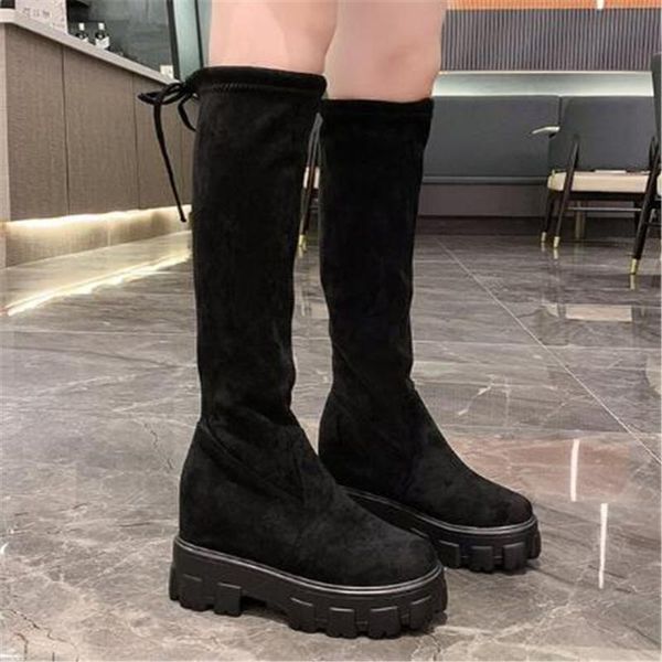 

winter platform shoe woman ankle boots suede equestrian thick sole lace-up women chunky shoes fashion slim long boot black 35-40