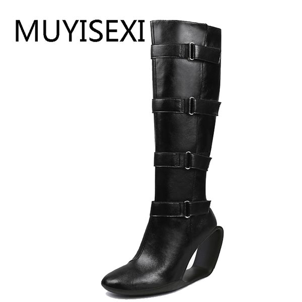 

black women knee high boots back zipper genuine leather 8cm strange high heels shoes woman buckle botas mujer hl201 muyisexi