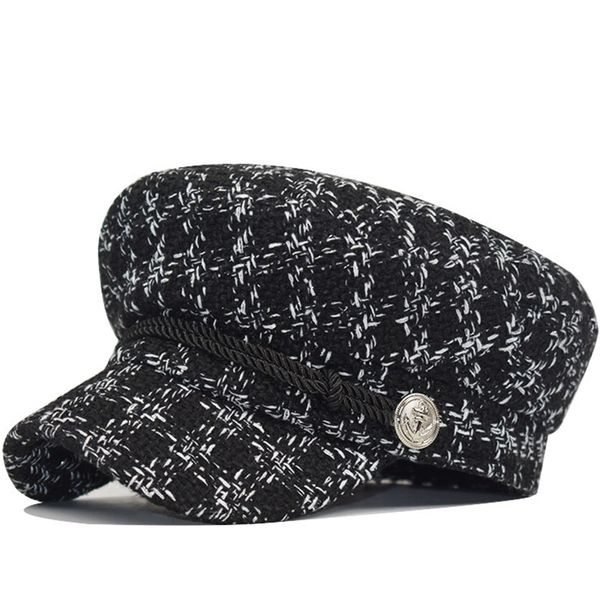 

girl hat for women autumn winter hats felt cap winter ladies black stripe hat lattice beret cap, Blue;gray