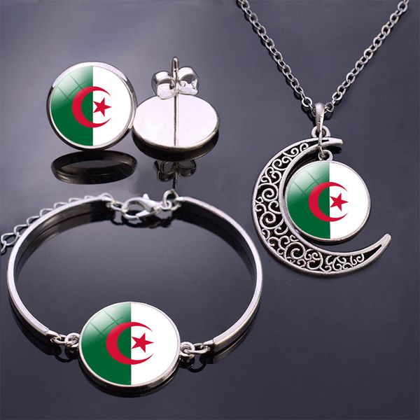 

earrings & necklace algeria flag jewelry set glass cabochon stud earrings/ bracelet/, Silver