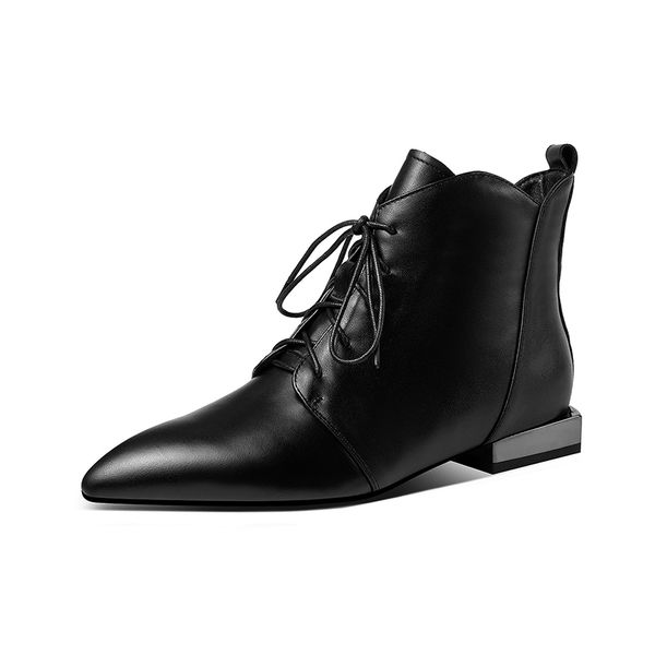 

genuine leather women autumn winter warm casual basic shoes lace up ankle boots shoes woman concise pointed toe boots, Black