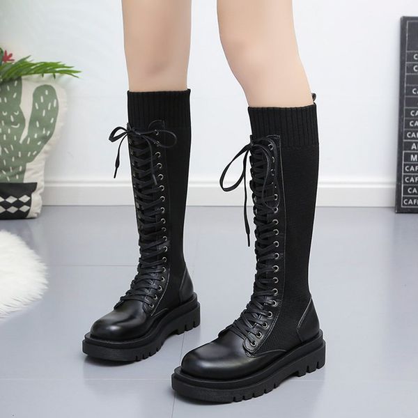 

rimocy 2020 autumn women black platform long boots elastic knitted knee high boots female fashion cross tied patchwork shoes