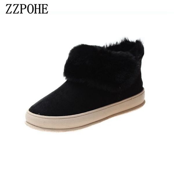 

zzpohe winter new students low with round toe plus velvet warm cotton boots ladies slip flat bottom and snow boots, Black