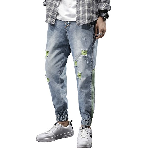 

men's jeans men fashion light blue denim stretch jogger pants side casual haren jean male trousers