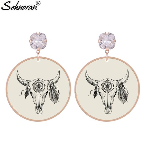 

dangle & chandelier sehuoran oorbellen aretes brincos round pendientes drop earrings for woman bull head print fashion jewelry wedding whole, Silver