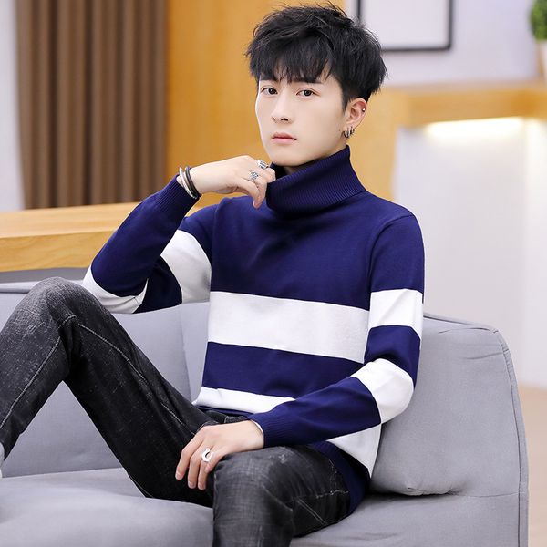

2020 autumn casual men's jacquard pullover mercerized cotton base sweater youth striped turtleneck sweater, White;black