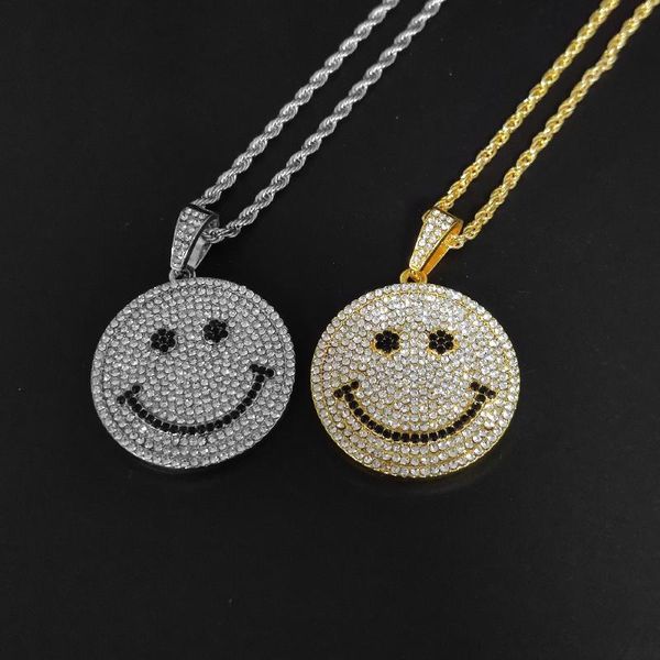 

iced out smiling face pendant & necklace 316l stainless steel micro pave rhinestone pendants for women men jewelry, Silver