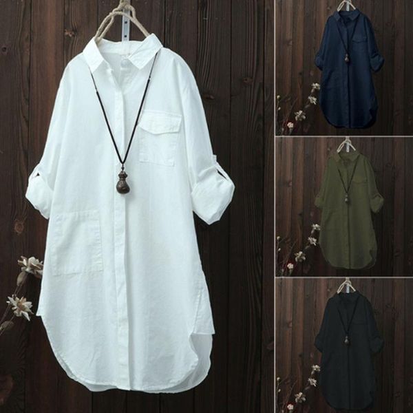 

outdoor shirts 2021 women's cotton and linen solid color mid-length long-sleeved button shirt comfortable casual style fashion -selling, Gray;blue