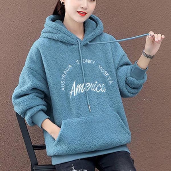 

women's hoodies & sweatshirts women sweatshirt velvet hoody thick pullover autumn winter hoodie solid color embroidery female, Black