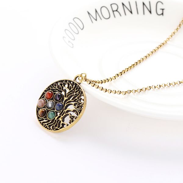 

round gemstone tree of life yoga mandala pendant necklace chain, Silver