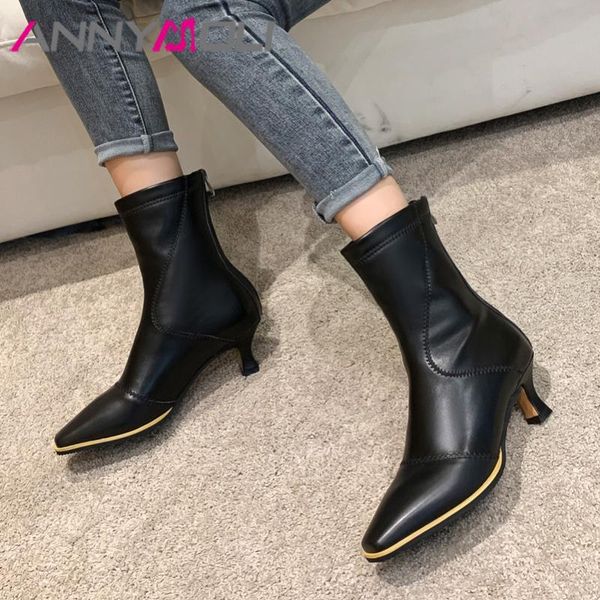

boots annymoli woman real leather ankle pointed toe high heel short zip thin ladies shoes autumn winter size 43, Black