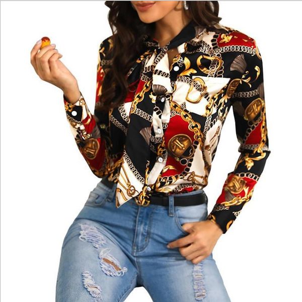 

women blouse fashion streetwear panelled contrast color chain pattern print womens shirts autumn long sleeve lapel neck tie, White