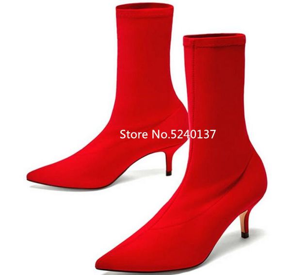 

boots european design stretch fabric women mid-calf pointed toe slim slip-on thin heel short fashion female, Black