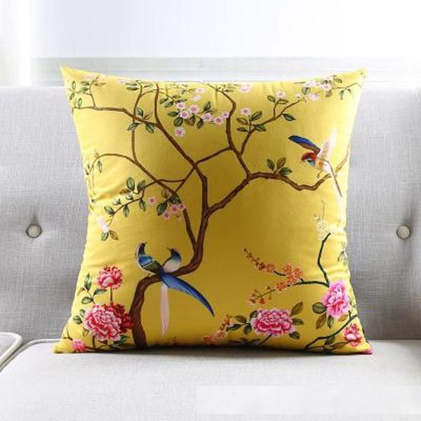 

chinese style decorative throw pillows cases yellow birds flower cushion covers home decor blue floral tree velvet pillowcase
