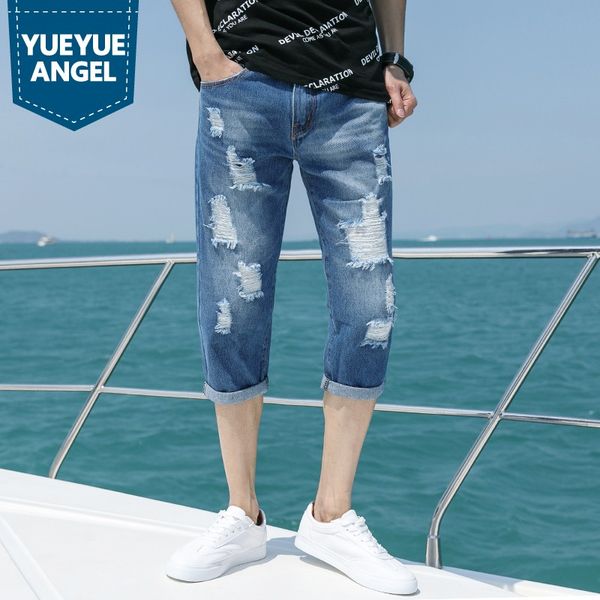 

fashion mens slim fit hole ripped calf length jeans pencil pants summer casual streetwear denim shorts plus size cropped pants, Blue