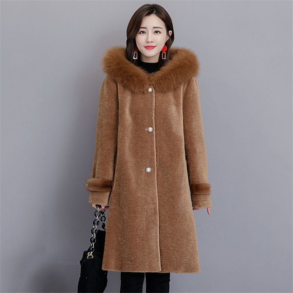 

women's fur & faux coat women wine red caramel apricot plus size hooded jackets 19 autumn winter fashion slim long ld1122, Black