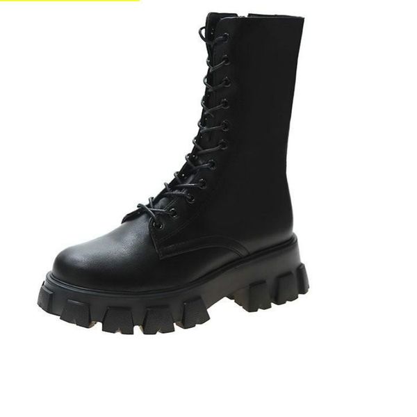 

2020 new bottom ladies fashion calf round toe thick bottom zipper with cross tie women shoes winter snow boots female+shoes, Black