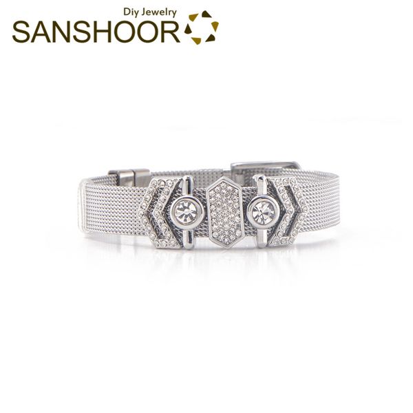 

sanshoor women wrap keeper bracelet set slide charms chevron cut out bezel solitaire crystal geo bar lady jewelry gift for her, Golden;silver
