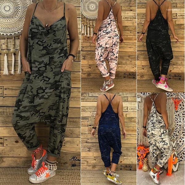 

street style loose pants sling sleeveless fashion women rompers camouflage printed women jumpsuits rompers casual, Black;white