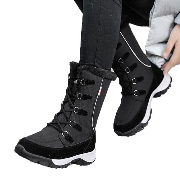 

boots 2021 lace up snow women mid calf winter warm short plush bootee woman waterproof outdoor female black big size 42