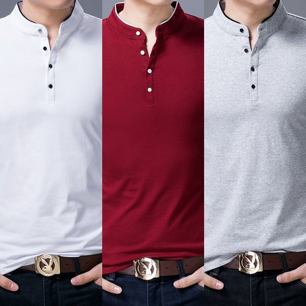 

2020 весной новые мужские футболки случайные корейский пальто футболки топ стиль стенд воротник длинный рукав хлопок молодежи топ модный муж, Blue