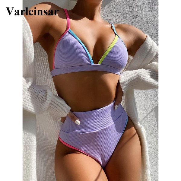 

women's swimwear 4 colors ribbed high waist bikini female swimsuit women two-pieces set print bather bathing suit swim lady v2443, White;black