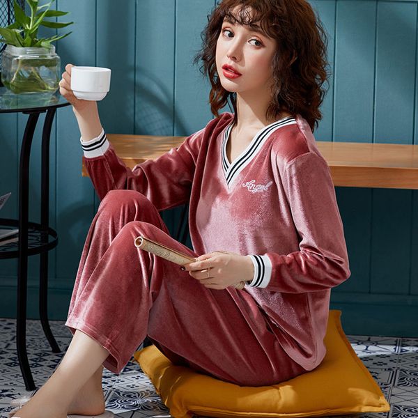 

Womens Velvet Pajamas Sex V-Neck Hot Warm Sleepwear Set Top Women Pajama Set 2Piece/Suit Shirt Pants Lingerie Homewear Big Size