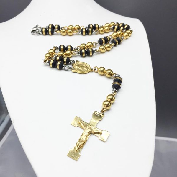

virgin mary and jesus cross pendants necklace women/men jewelry gold tone tone 6mm/8mm beads stainless steel rosary necklace, Silver