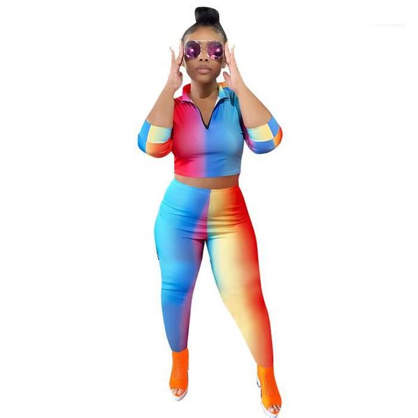 

suits women fashion sport sets womens 2pcs rainbow striped tracksuits woman autumn v-neck zipper short tshirts with pencil pant, Gray