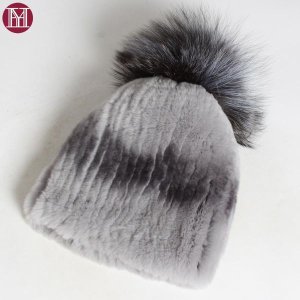 

winter luxury big silver fur ball hats 100%natural real rex fur hats fashion striped genuine rex caps, Blue;gray