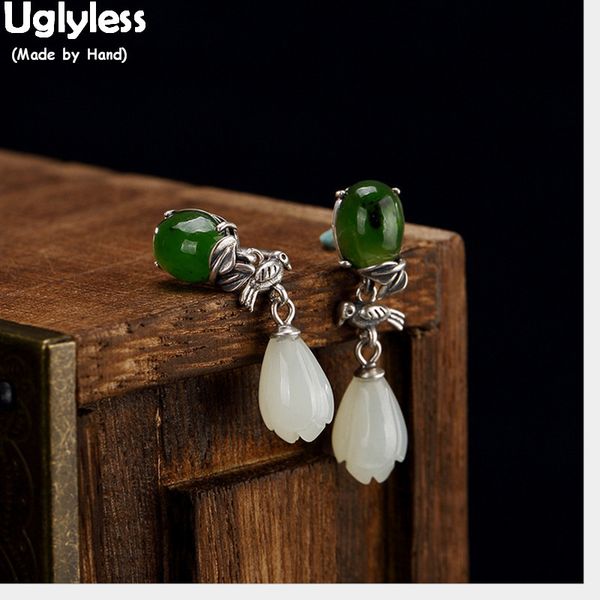 

uglyless 100% real 925 sterling silver handmade birds thai silver earrings for women natural jade flower earrings fine jewelry
