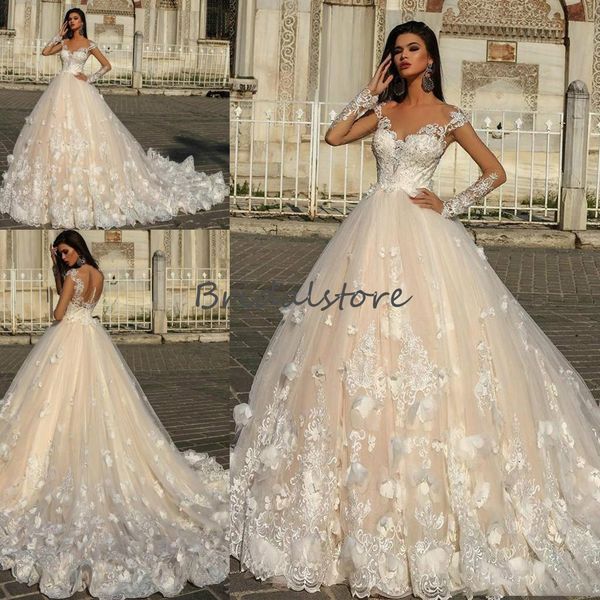 

champagne gothic wedding dresses with floral lace princess bohemian rustic country style wedding dress long sleeve backless bride gown, White